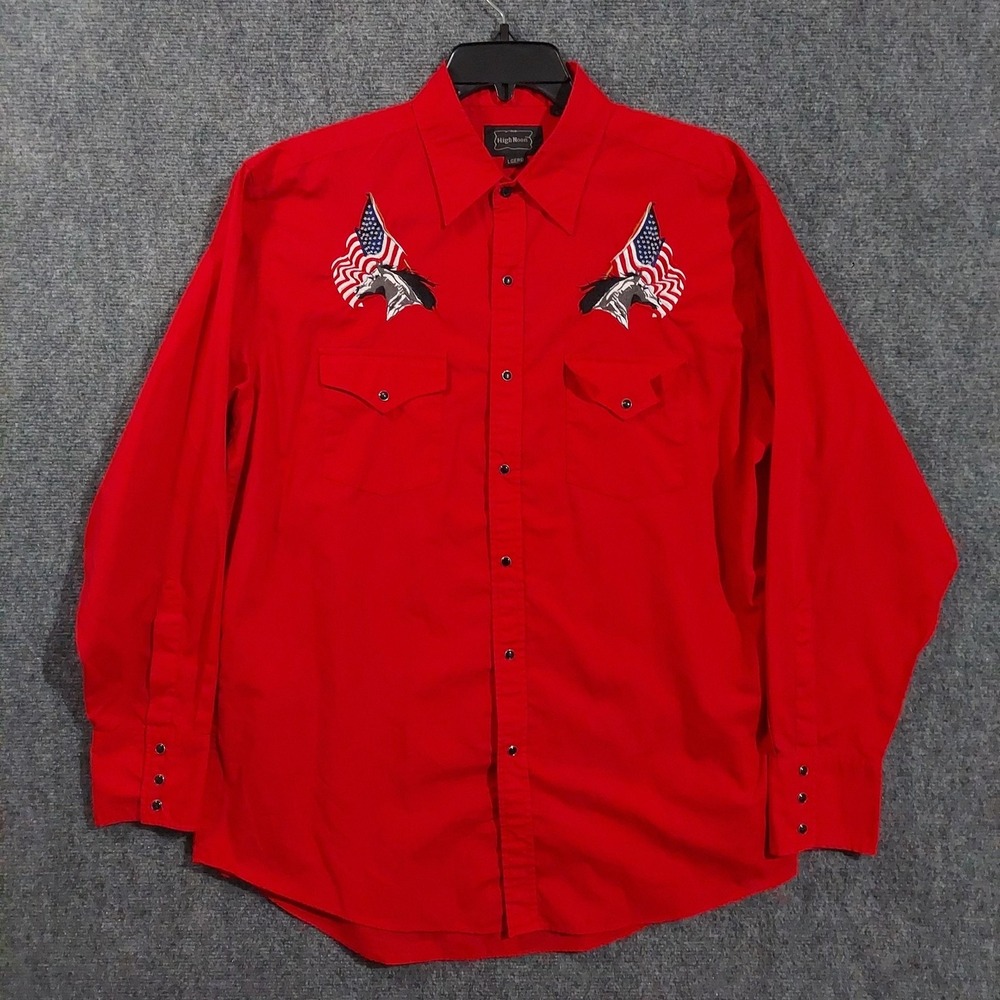 HighNoon Shirt Mens Large Red‎ Western Embroidered Horse USA Flag Gaucho